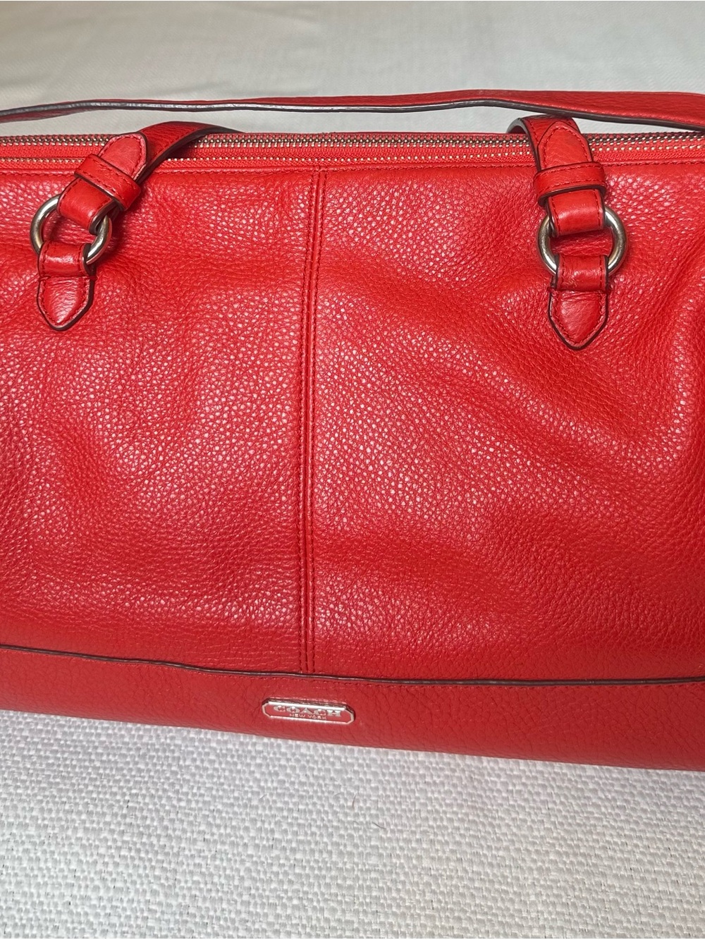 Coach Red Pebbled Shoulder Bag Zip Top, Lined Inner Pockets, Detachable Strap